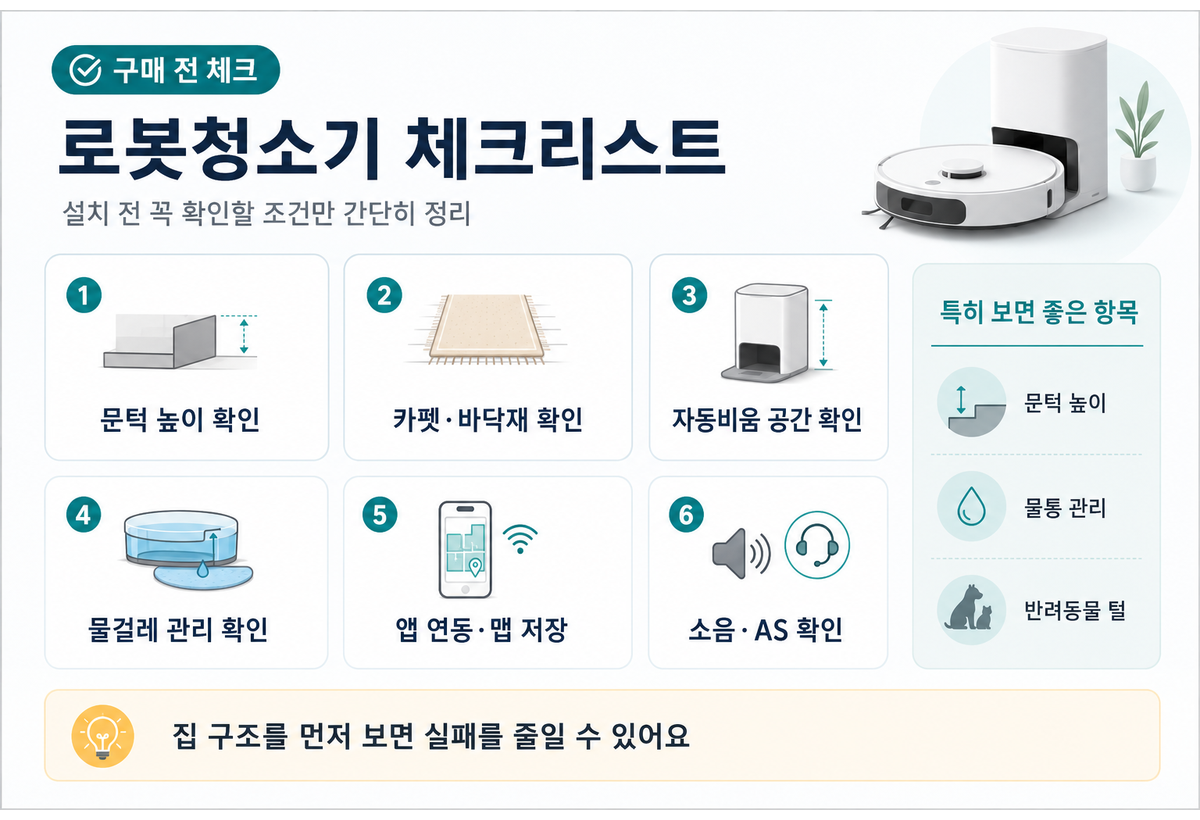 로봇청소기 구매 전 문턱 가구 아래 도크 급배수 카펫 소모품 체크리스트
