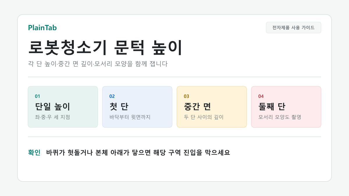 로봇청소기 문턱 높이 측정 위치: 단일 높이와 이중 문턱 각 단, 중간 면 깊이